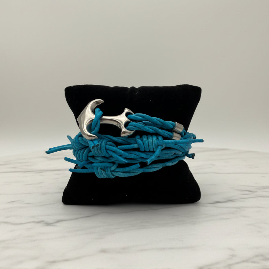 Blue Barbed Wire Wrap Bracelet with Anchor Clasp