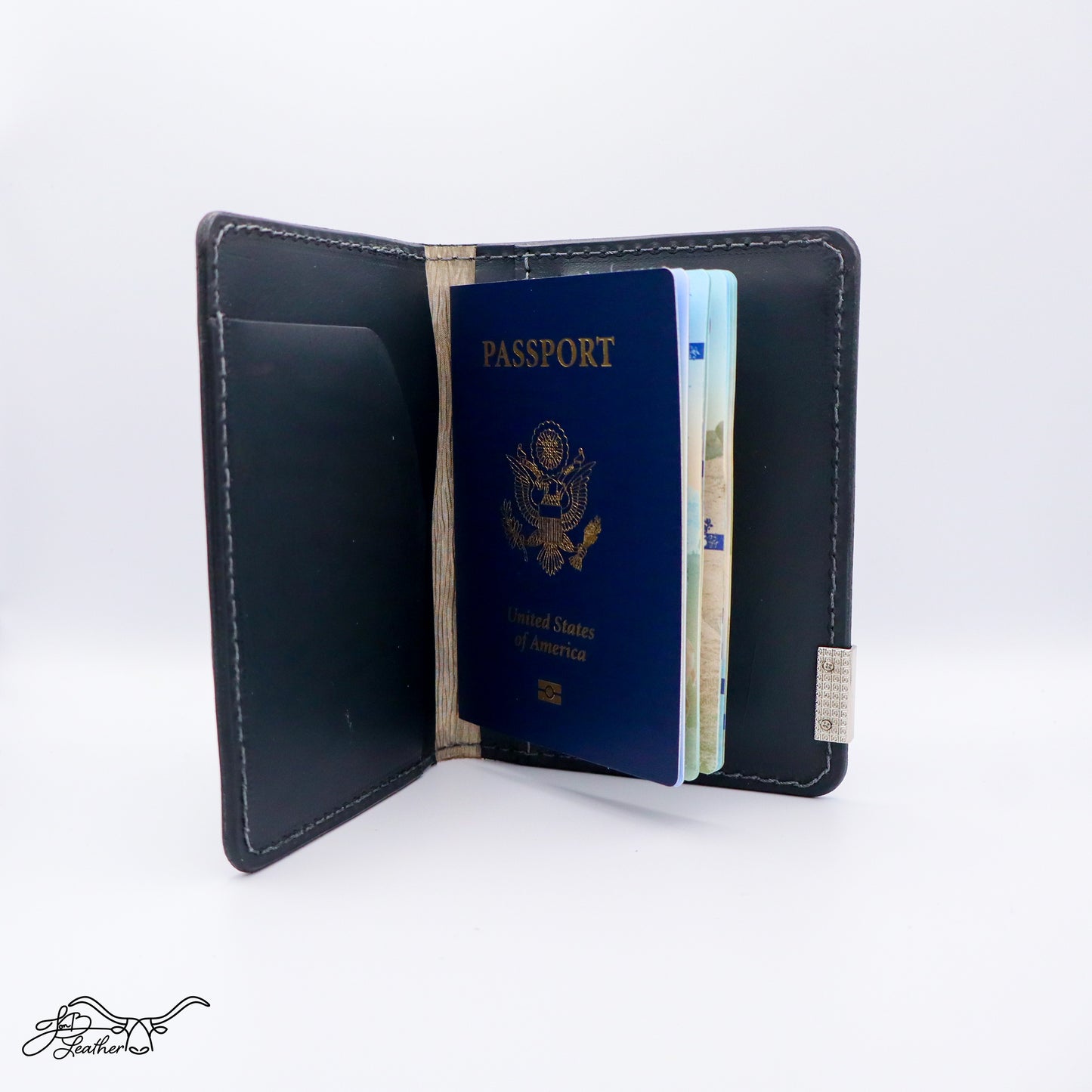 Black Bilman Passport Wallet open view with passport and cards inside