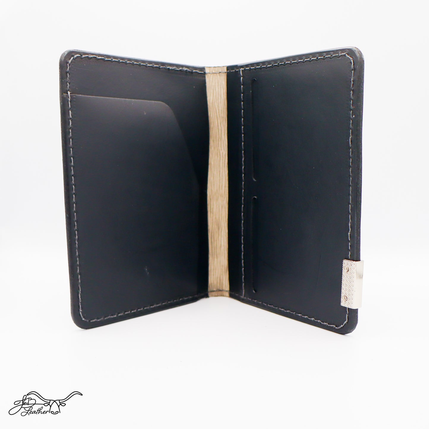Bilman Passport Wallet open in black full grain leather RFID protected