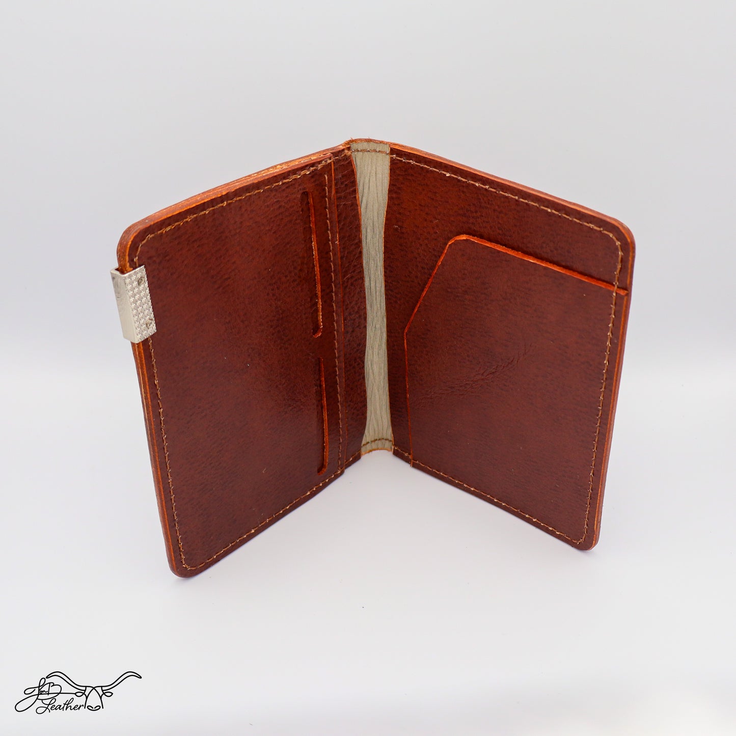 Bilman Passport Wallet open in brown full grain leather RFID protected