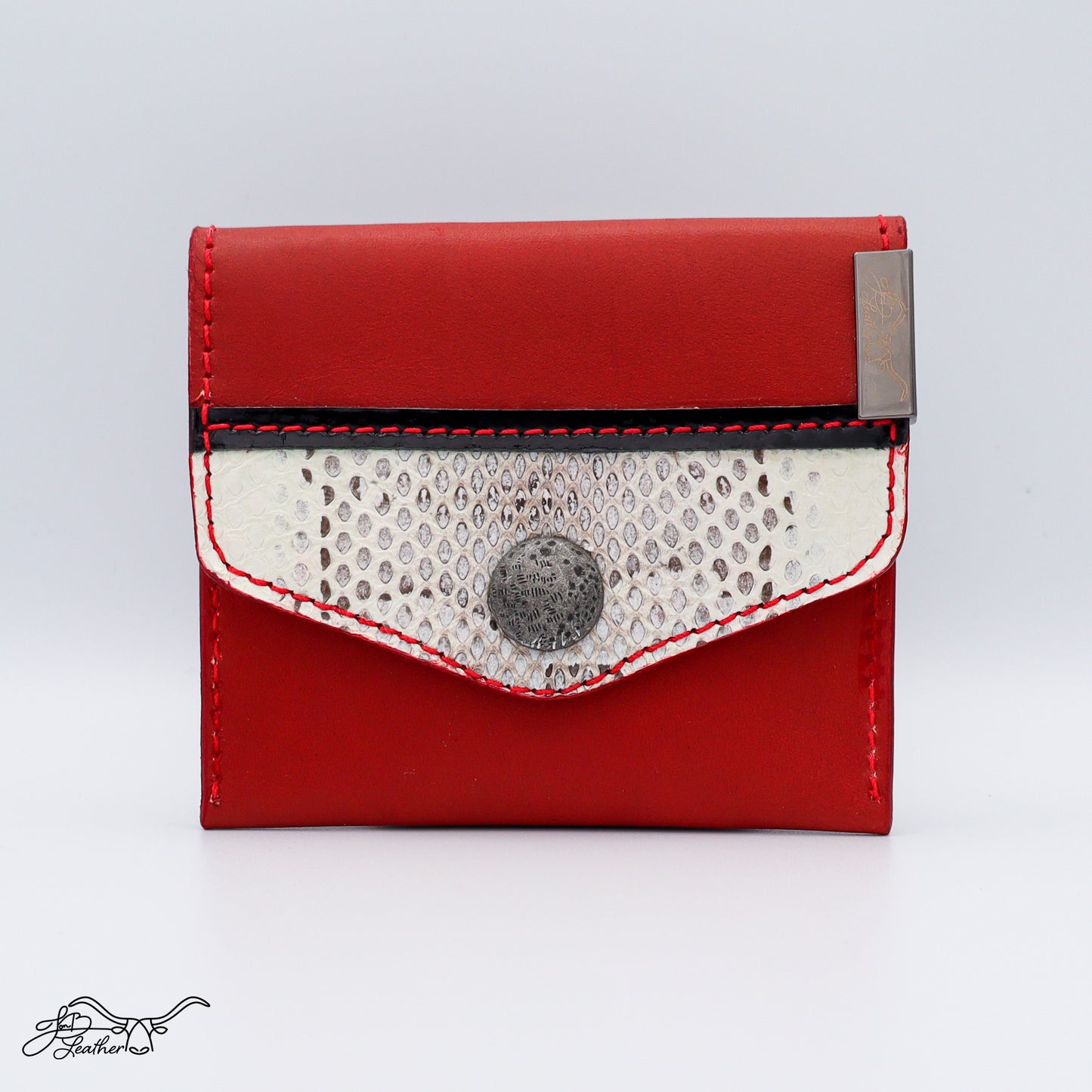 Snap wallet with real snake skin panels and full grain leather front view
