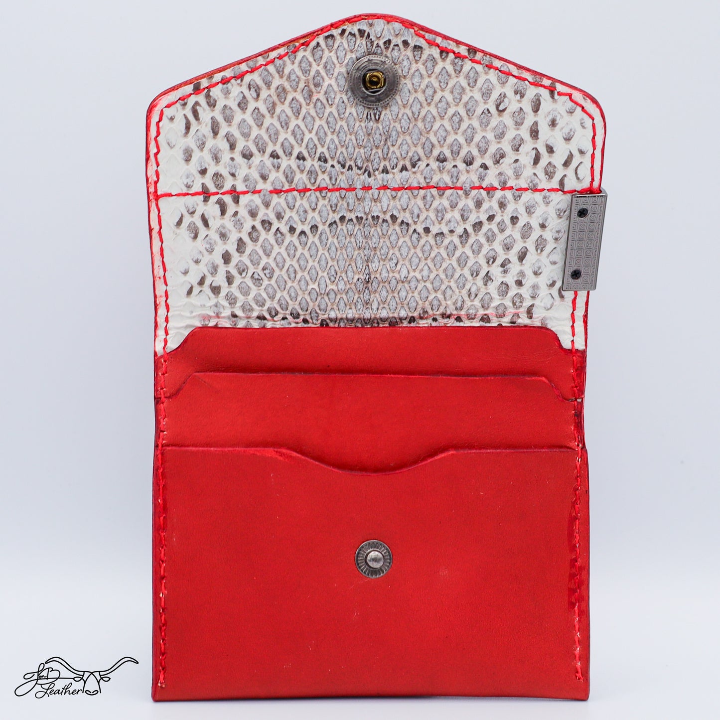 Full grain leather wallet with close-up of real snake skin detail