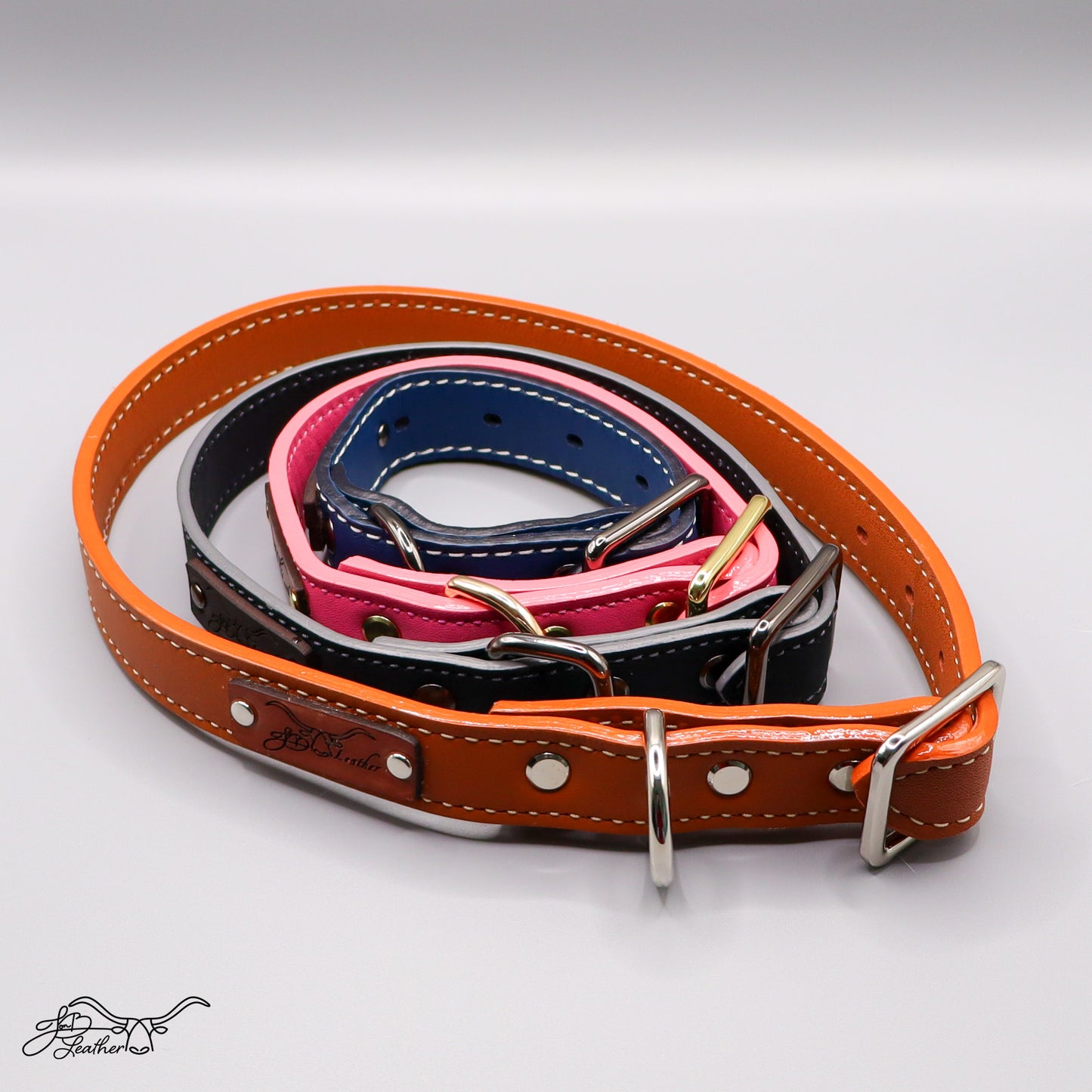Handmade Luxe Pet Collars showing stitched leather