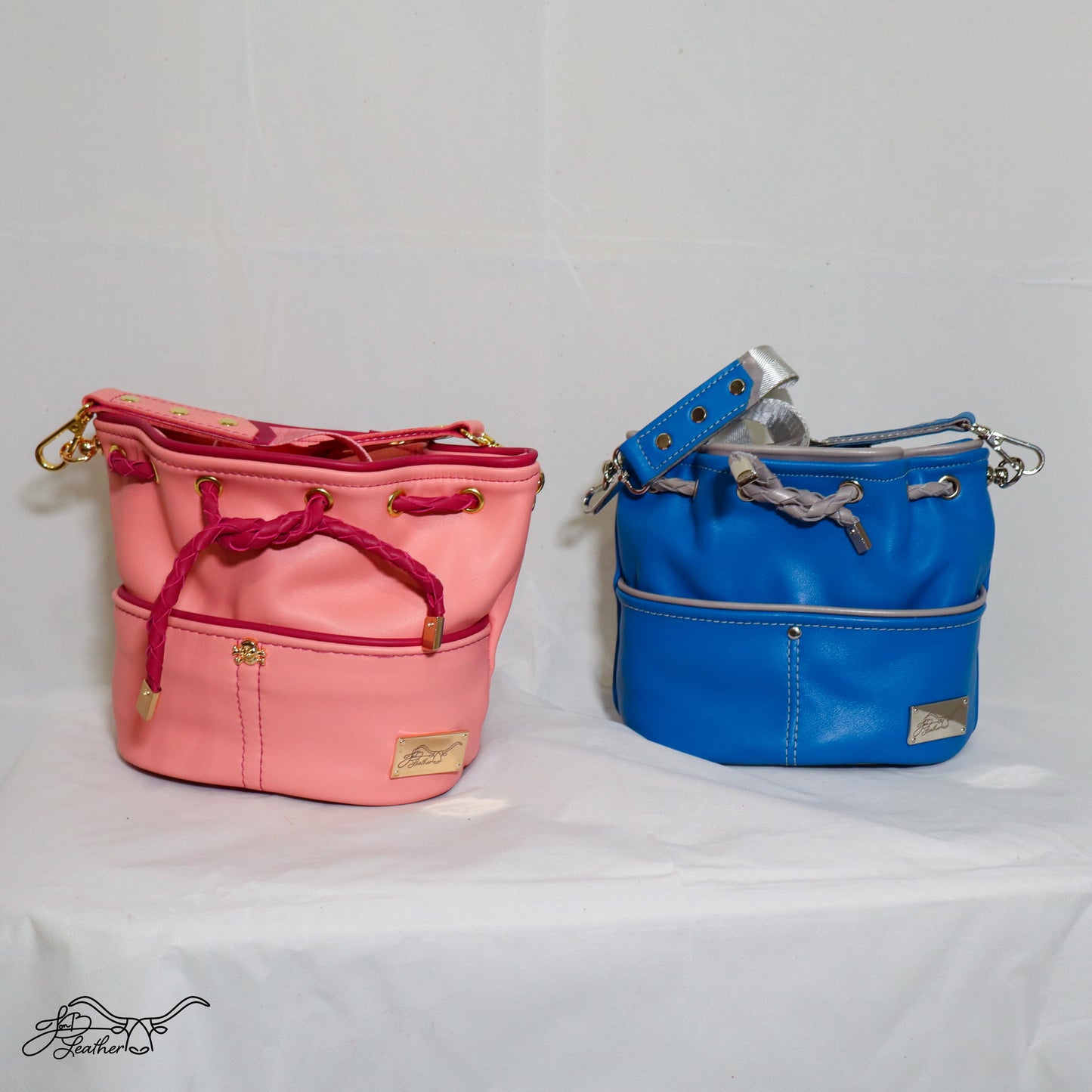 Front view of handmade leather Mini Drawstring Crossbody bags