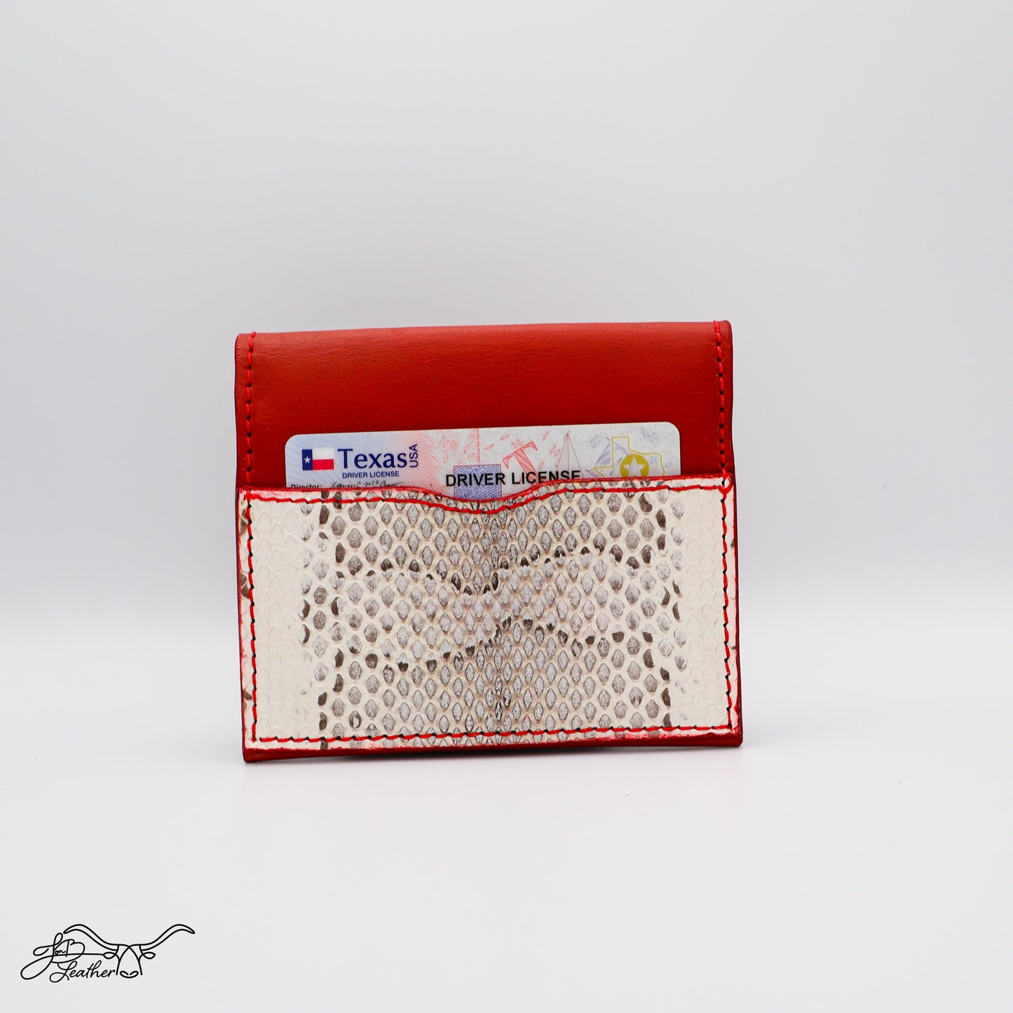 Handmade leather snap wallet with exotic snake skin accent back slot