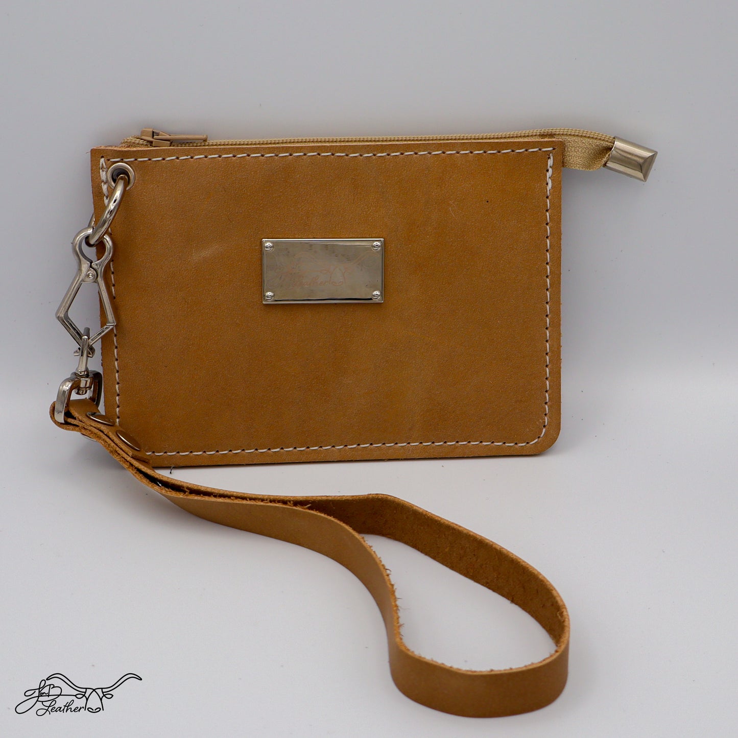 Front view of full grain leather wristlet zipper wallet in beige distressed finish