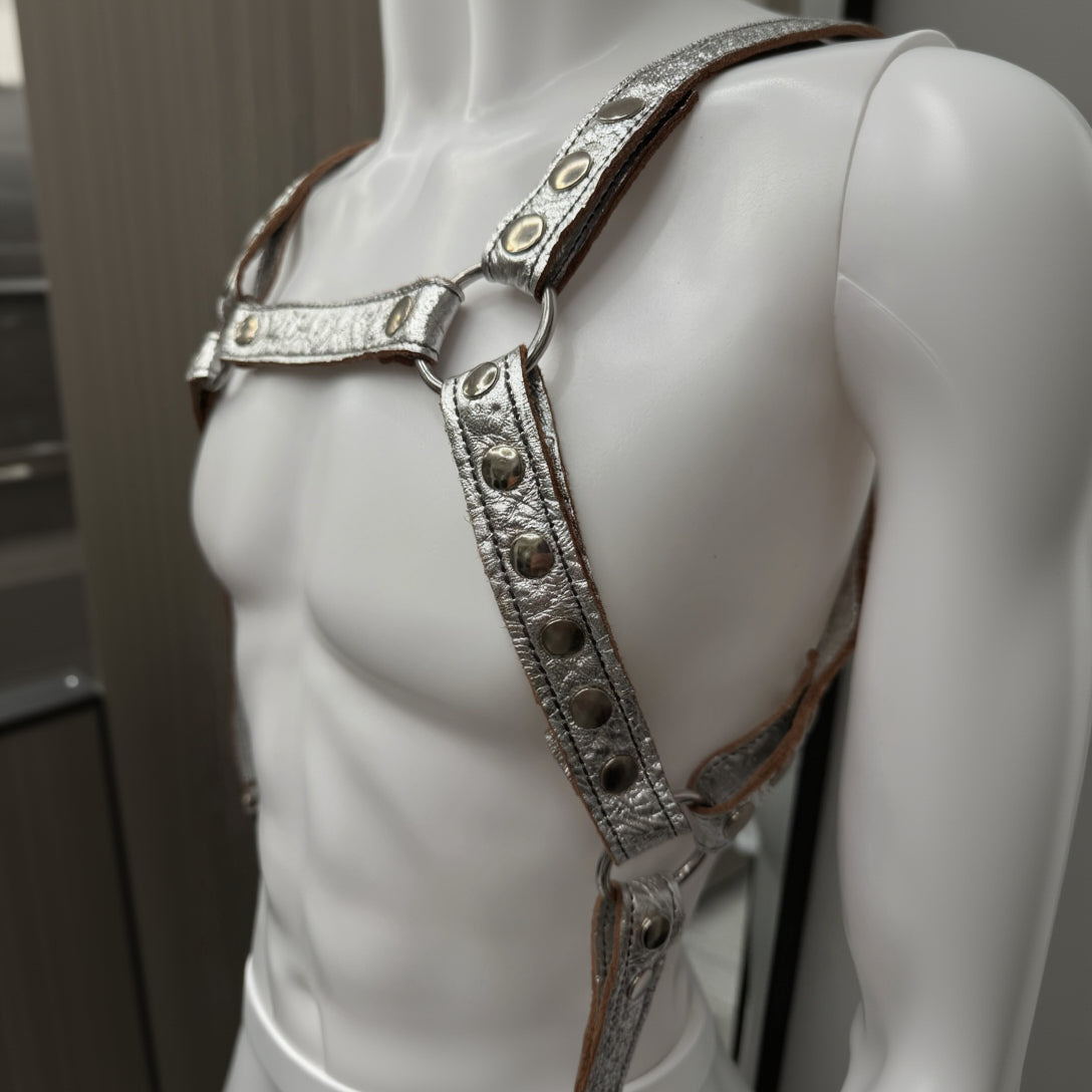 Leather Harness and Suspender Set – 1" Strap, Silver Hardware, Lambskin
