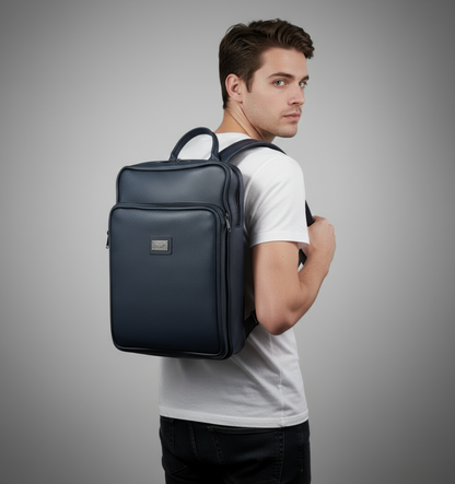 Full Grain Leather Backpack - Navy Blue