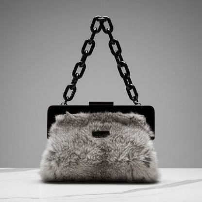The Luxe Clutch Clutch | Gray Rabbit Fur with Black Goat