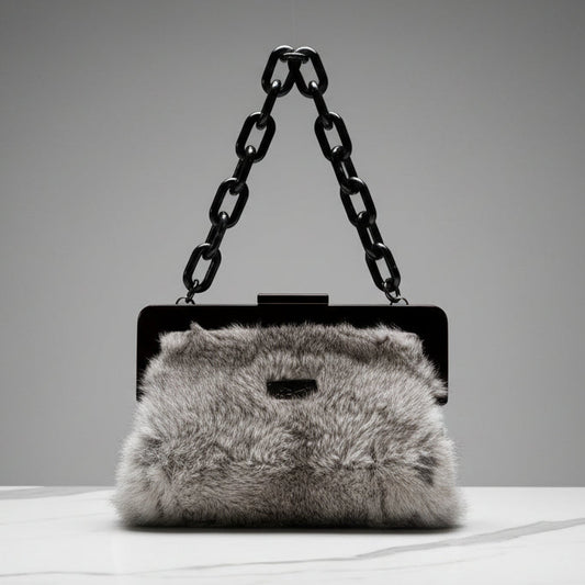 The Luxe Clutch Clutch | Gray Rabbit Fur with Black Goat