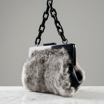 The Luxe Clutch Clutch | Gray Rabbit Fur with Black Goat
