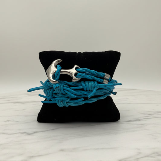Blue Barbed Wire Wrap Bracelet with Anchor Clasp