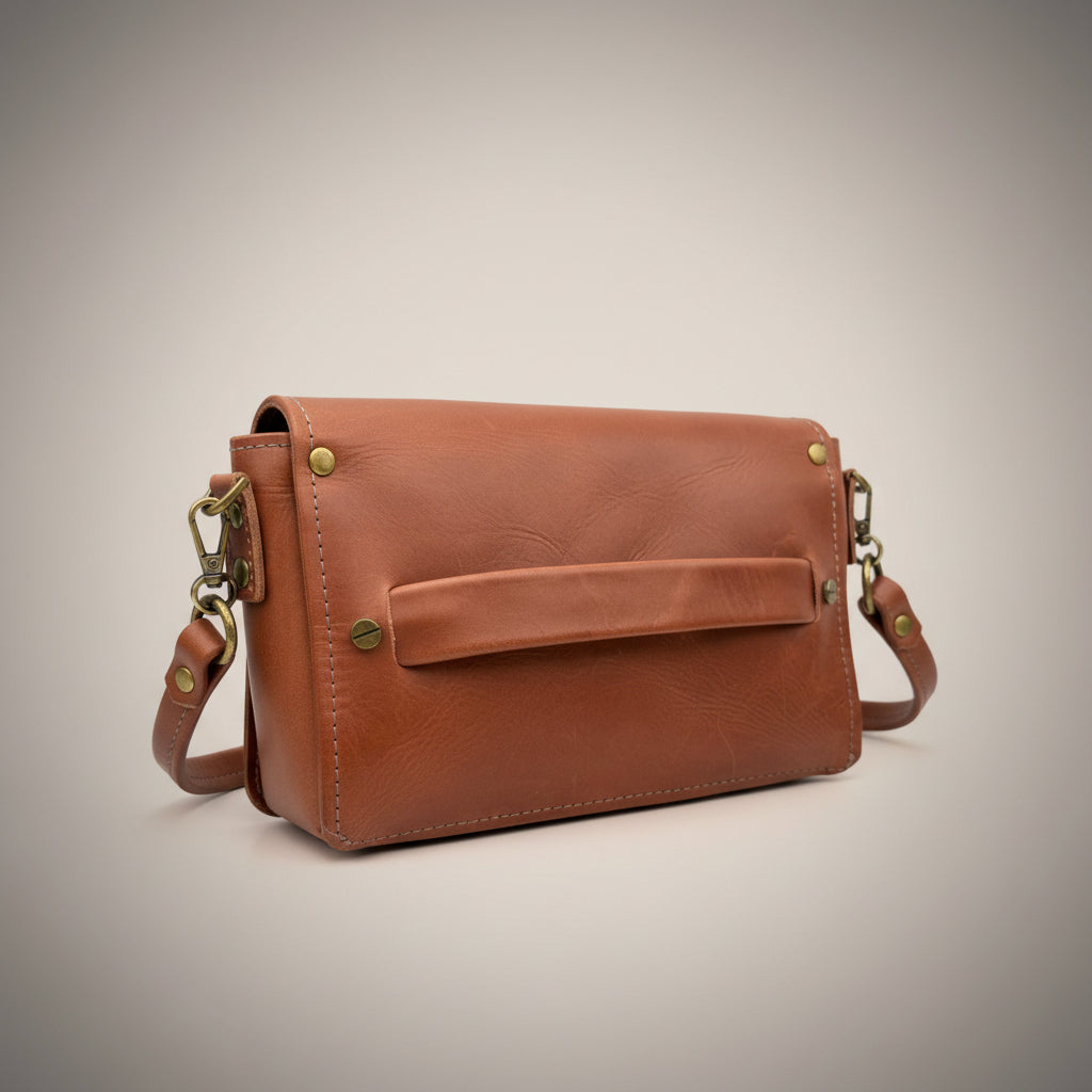 A brown leather crossbody bag with a hand strap cary and brass-tone hardware, shown against a plain white background