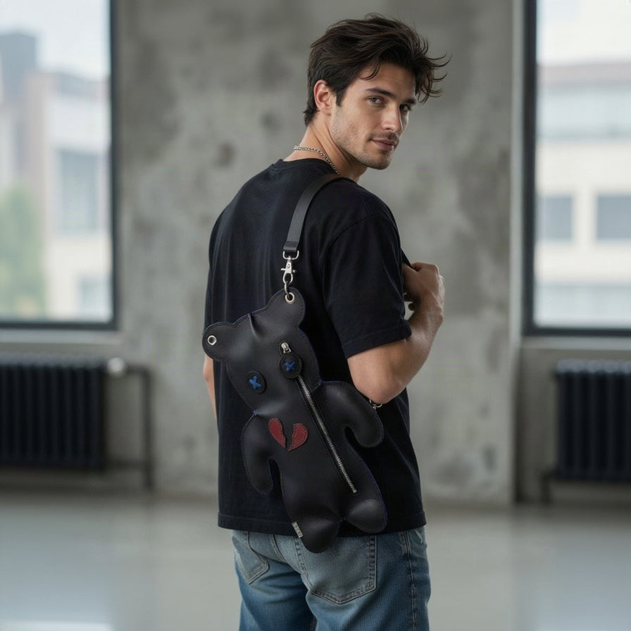 Broken Heart Bear Crossbody worn behind the shoulder