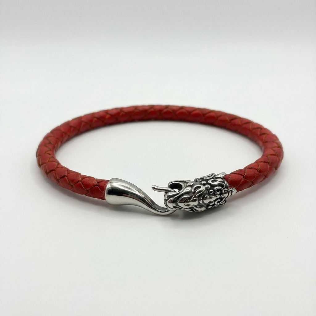 A braided leather bracelet with a silver-toned metal clasp shaped like a stylized panther head, photographed on a plain light background.
