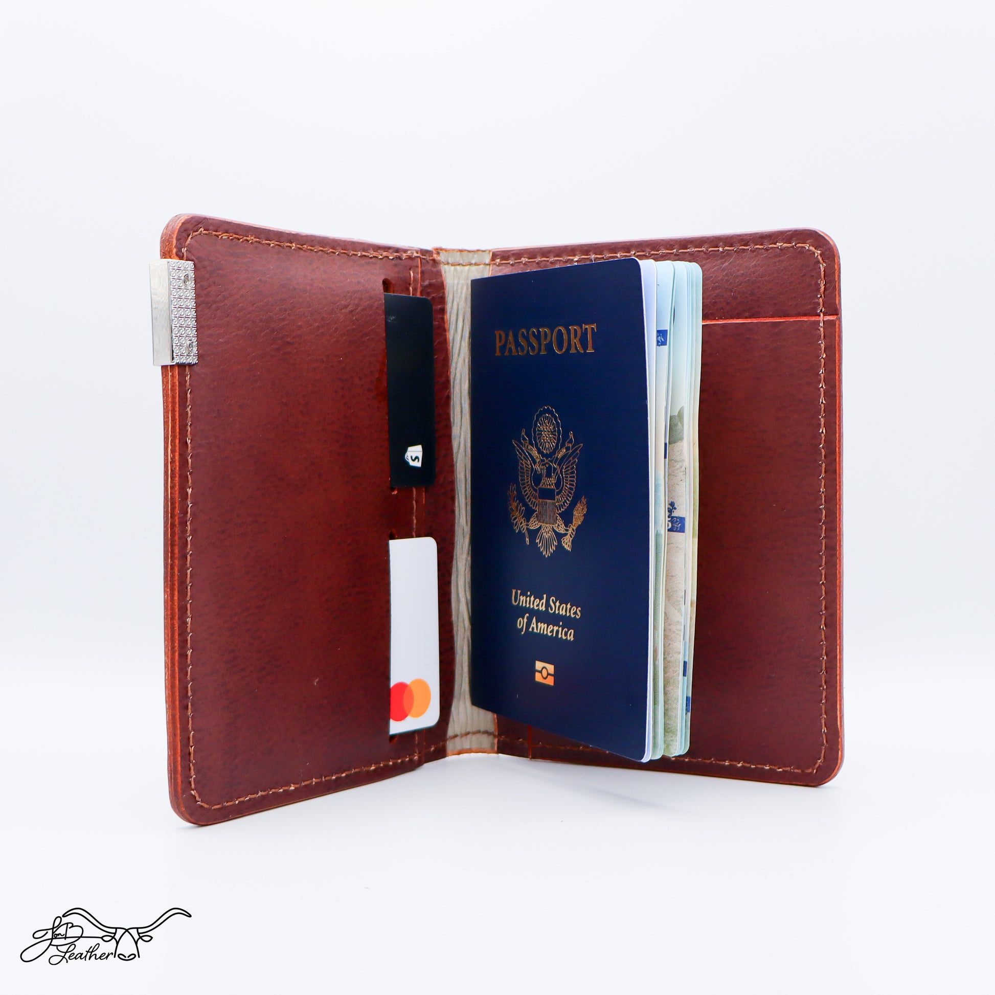 Brown Bilman Passport Wallet open view with passport and cards inside