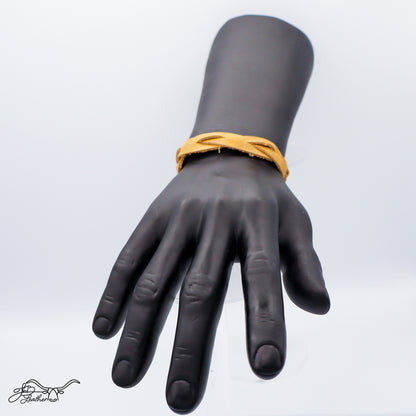 Black mannequin hand with a yellow bracelet against a white background