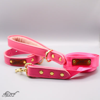 Luxe Pet Collar and leash in pink full grain leather 