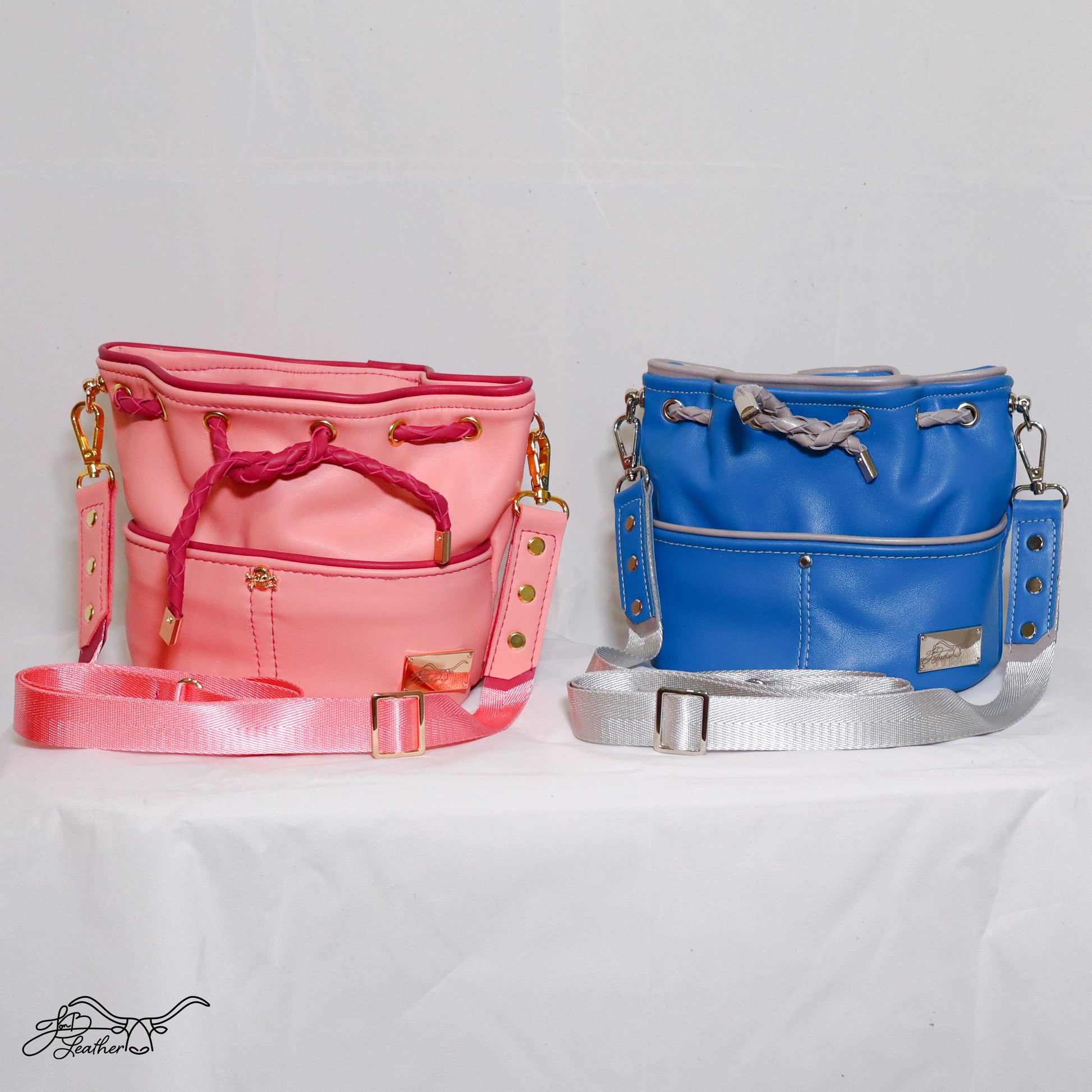 Front view of handmade leather Mini Drawstring Crossbody bags