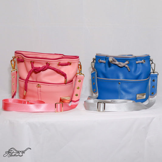 Front view of handmade leather Mini Drawstring Crossbody bags