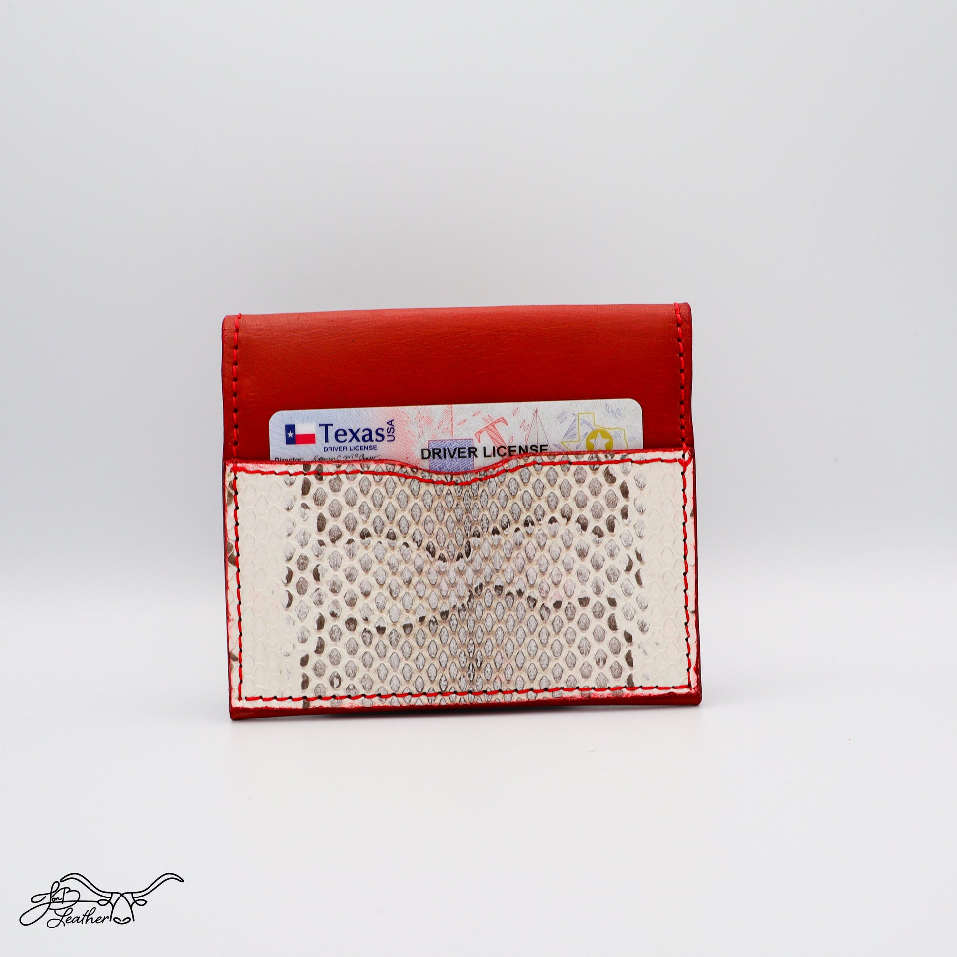 Handmade leather snap wallet with exotic snake skin accent back slot