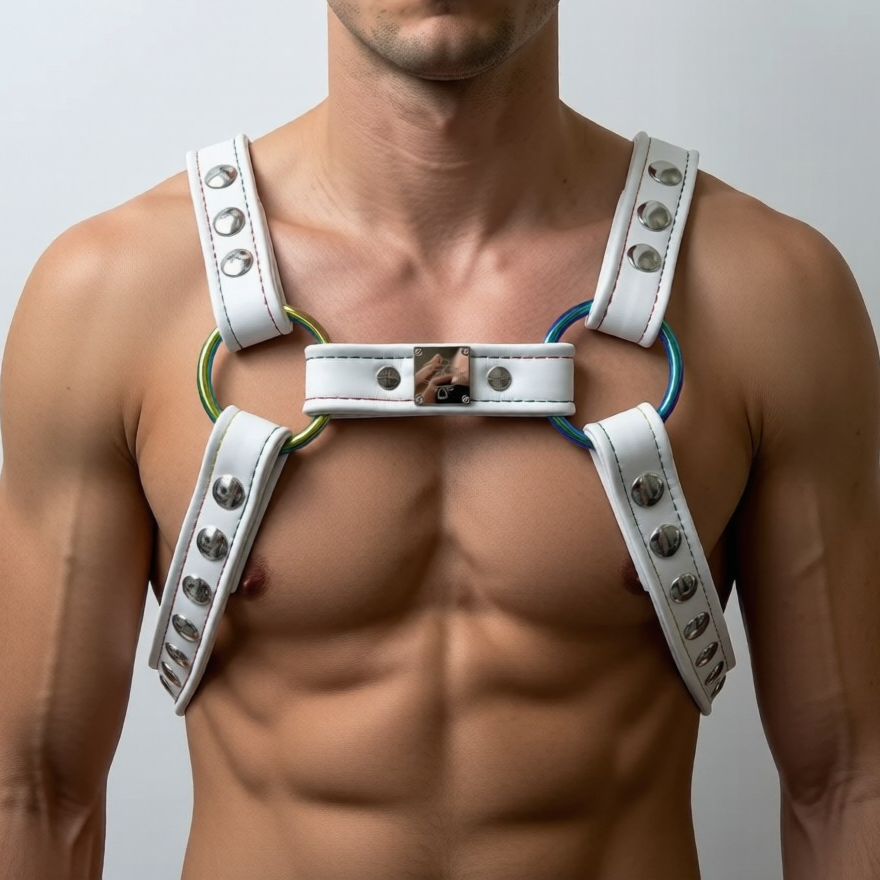 JonBx 1” White with Rainbow Stitch - Snap Fashion Harness