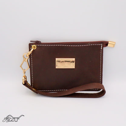 Front view of full grain leather wristlet zipper wallet in brown distressed finish
