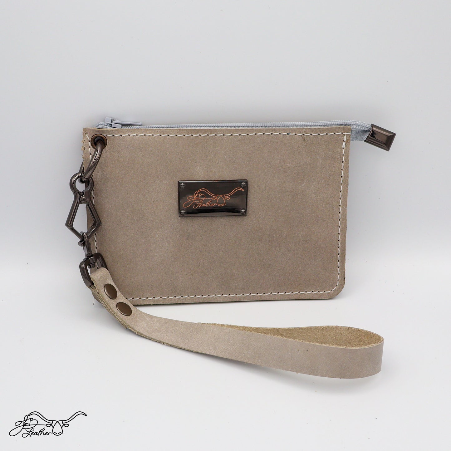 Front view of full grain leather wristlet zipper wallet in gray distressed finish
