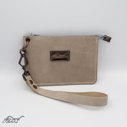 Front view of full grain leather wristlet zipper wallet in gray distressed finish
