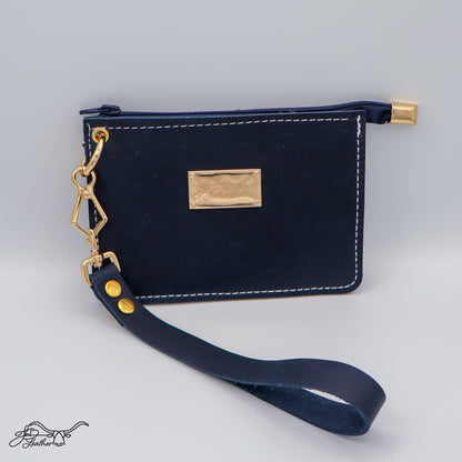 Front view of full grain leather wristlet zipper wallet in navy distressed finish