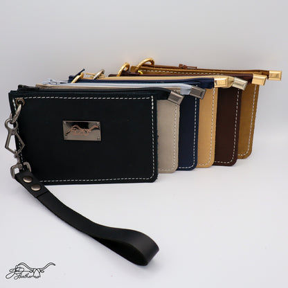 Front view of full grain leather wristlet zipper wallets in distressed finish
