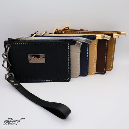 Front view of full grain leather wristlet zipper wallets in distressed finish